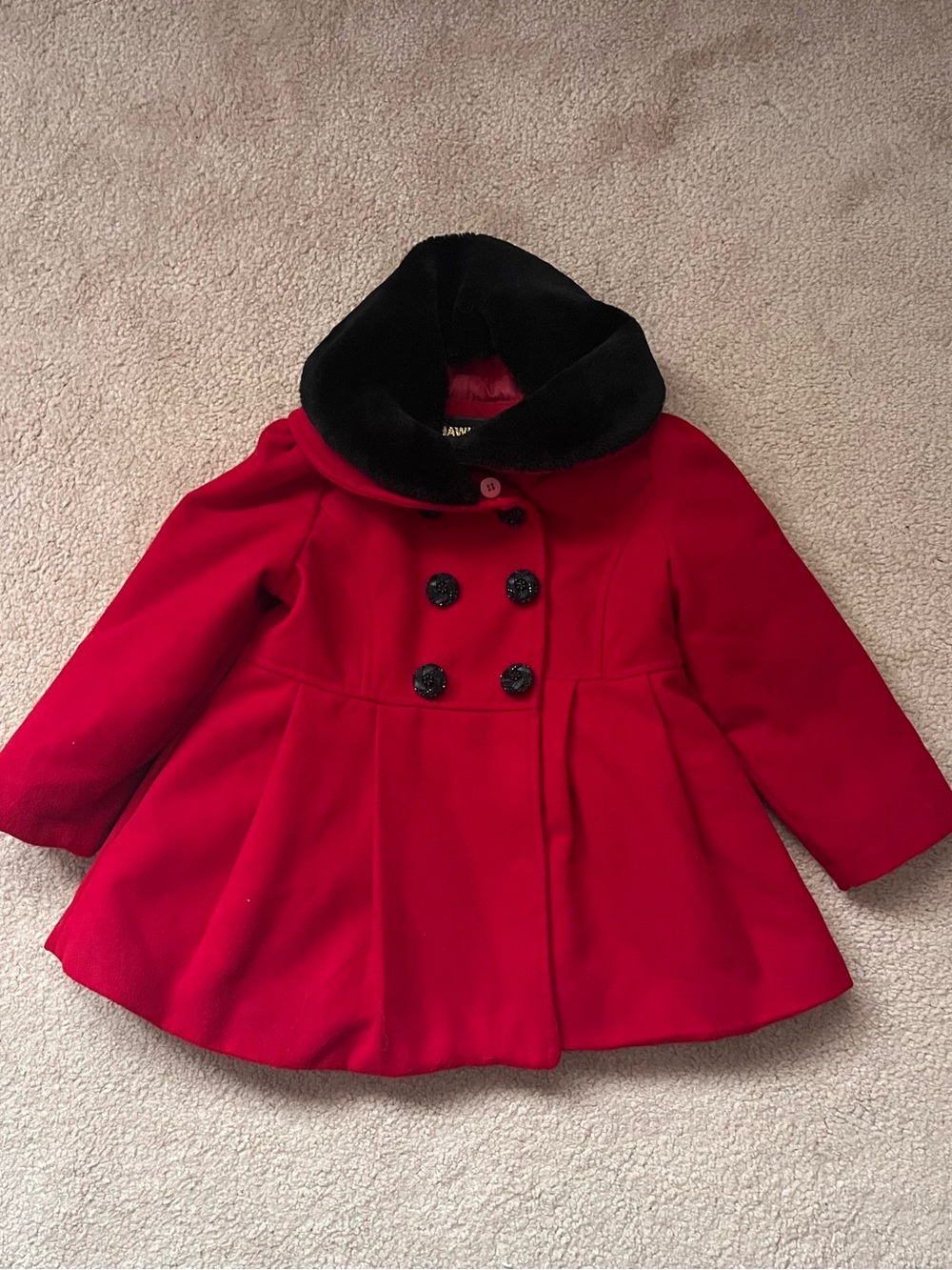 Toddler 2 Red Double-Breasted Coat with Black Furry Collar
